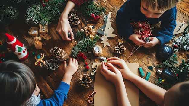 family gathered around making holiday crafts